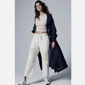 FREE PEOPLE Linen Blend Cotton Pinstripe Trench Coat Womens Size S Navy NWOT